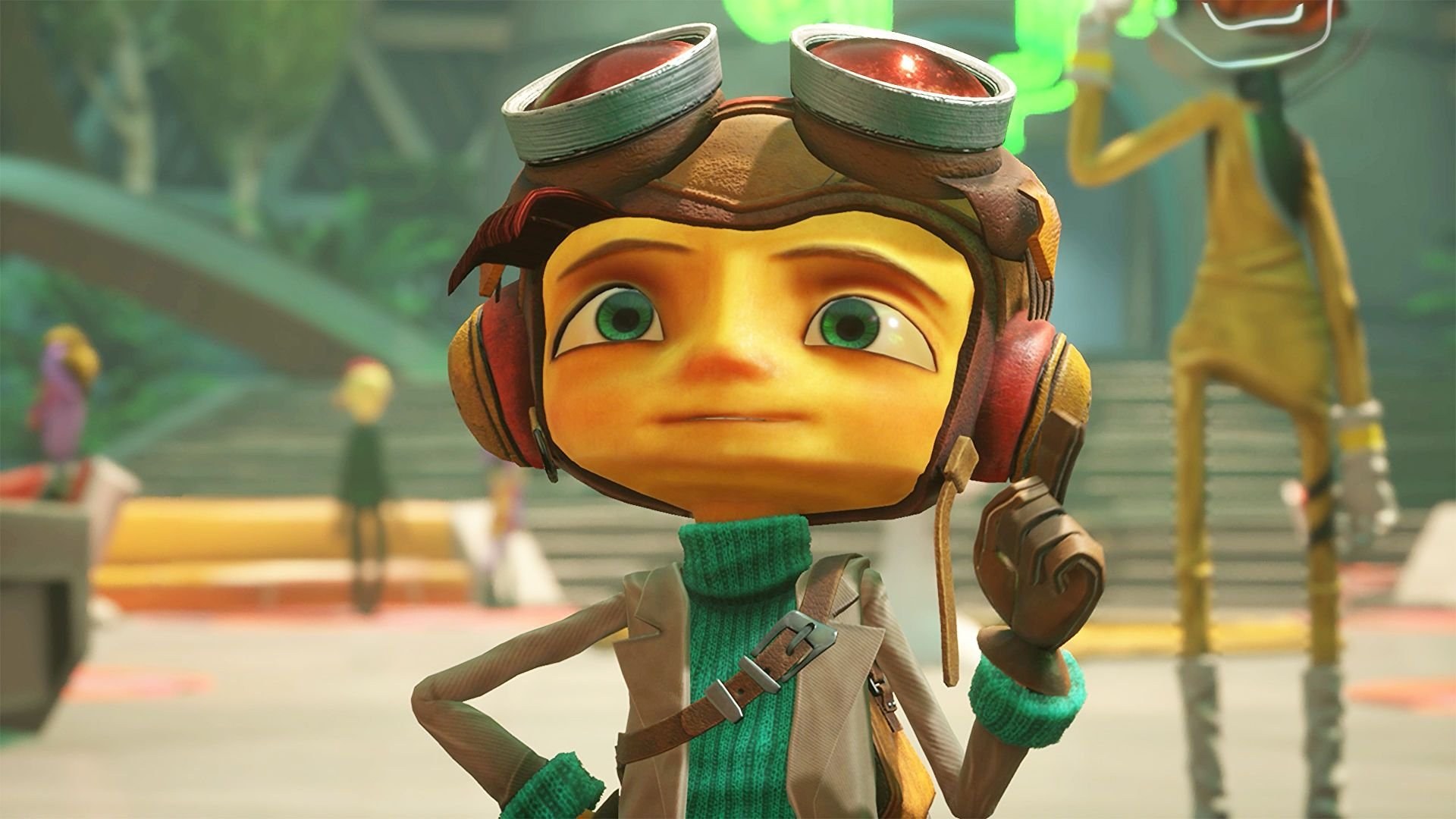 Close-up of Raz, a ten-year-old in aviator goggles and a psychic-intern coat