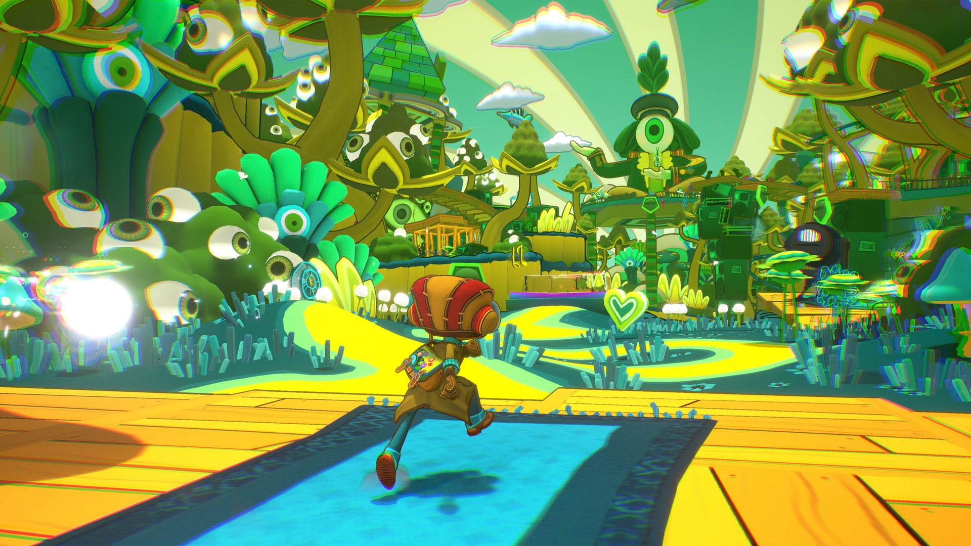 Psychonauts 2, the PSI King's Sensorium with heavy chromatic aberration and eyeball flora