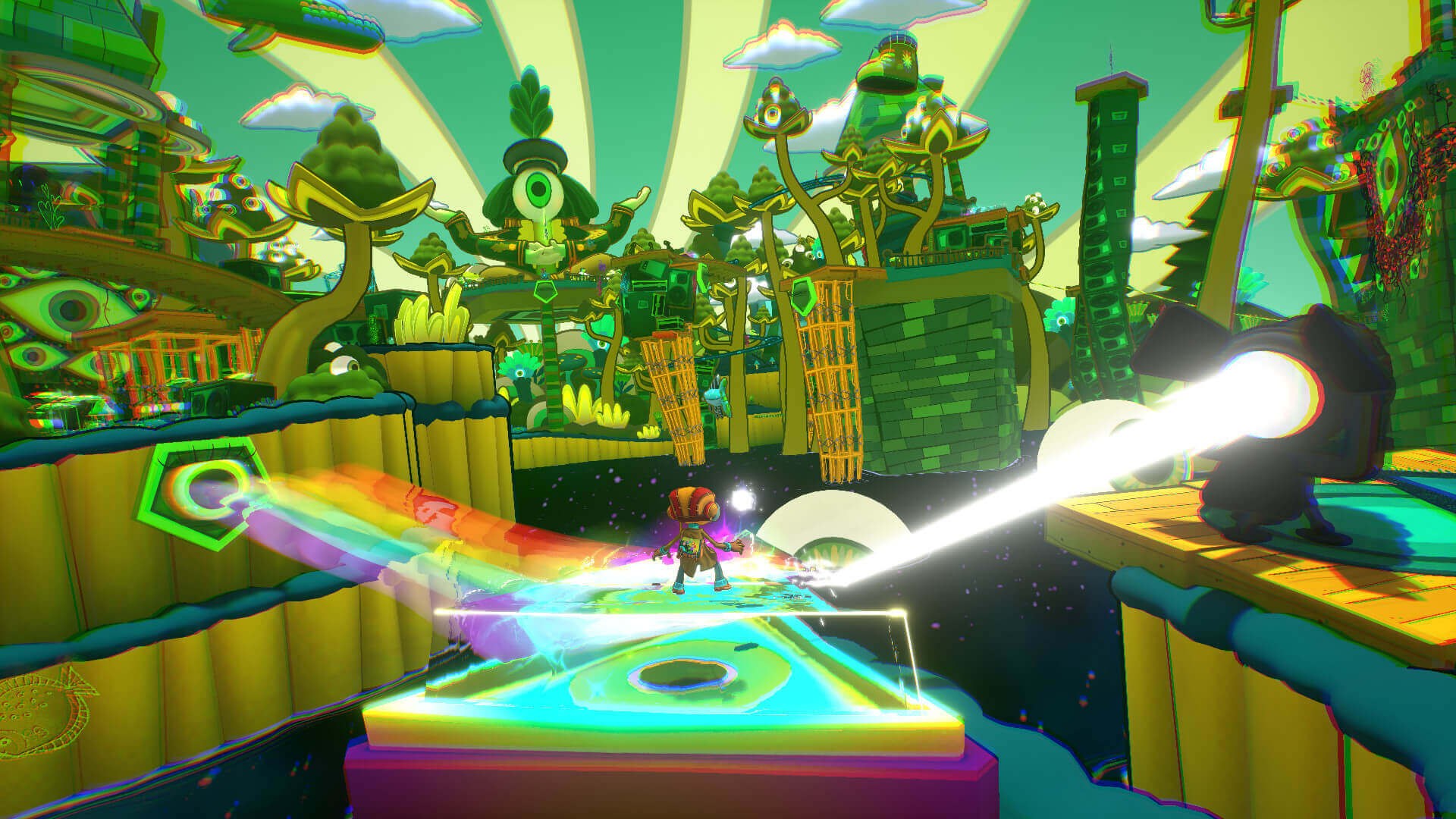 The Sensorium's rainbow bridge and prism beams cutting across the green level