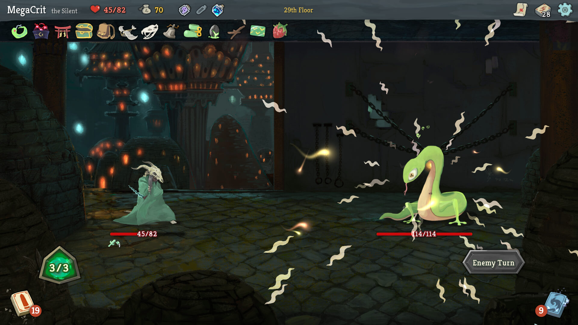 Slay the Spire combat — intent icons above each enemy show exactly what's coming next turn