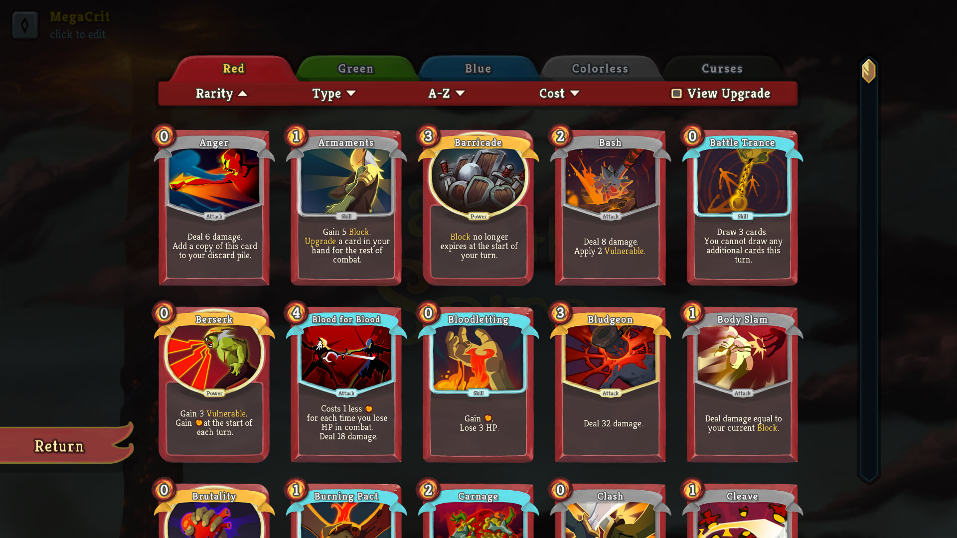 Card compendium showing Red (Ironclad) cards in a grid