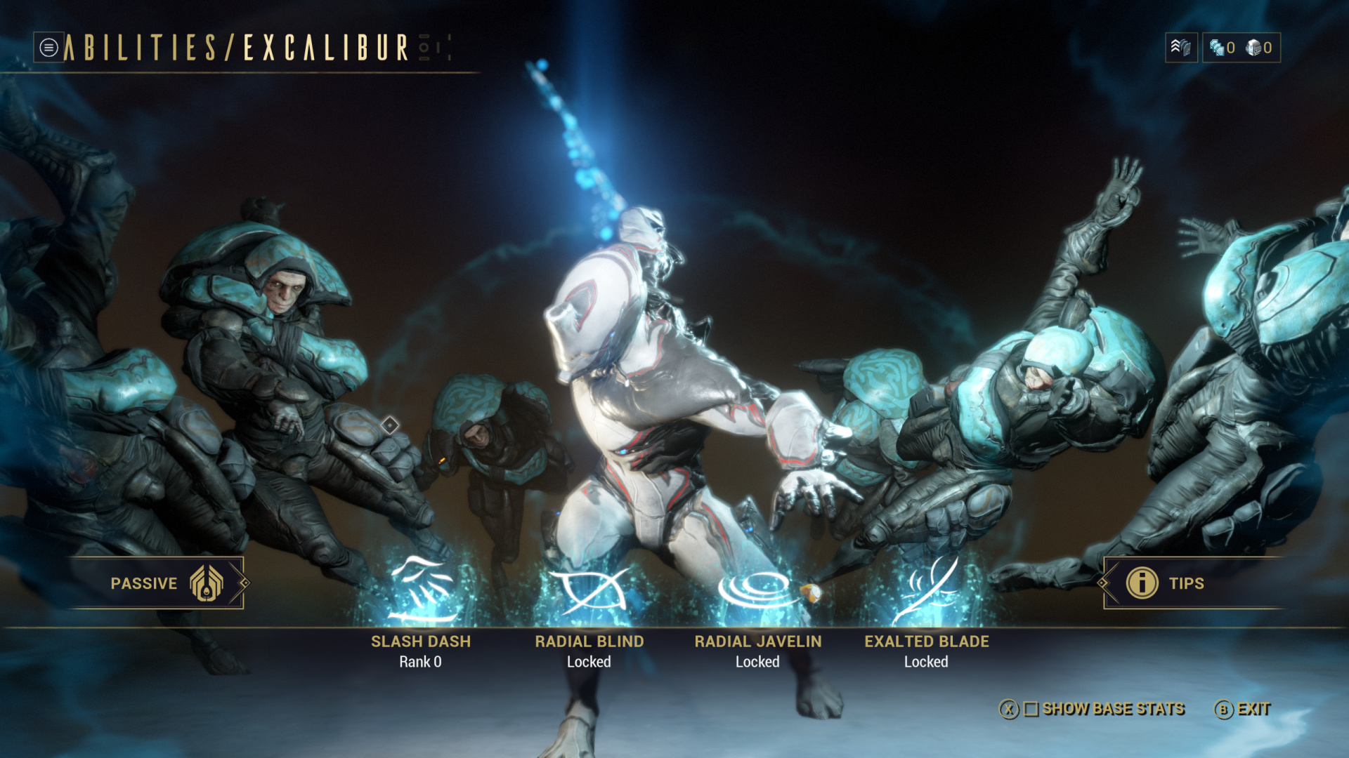 Excalibur abilities screen — frame model with surrounding enemies in tableau, four ability icons at the bottom: Slash Dash, Radial Blind, Radial Javelin, Exalted Blade