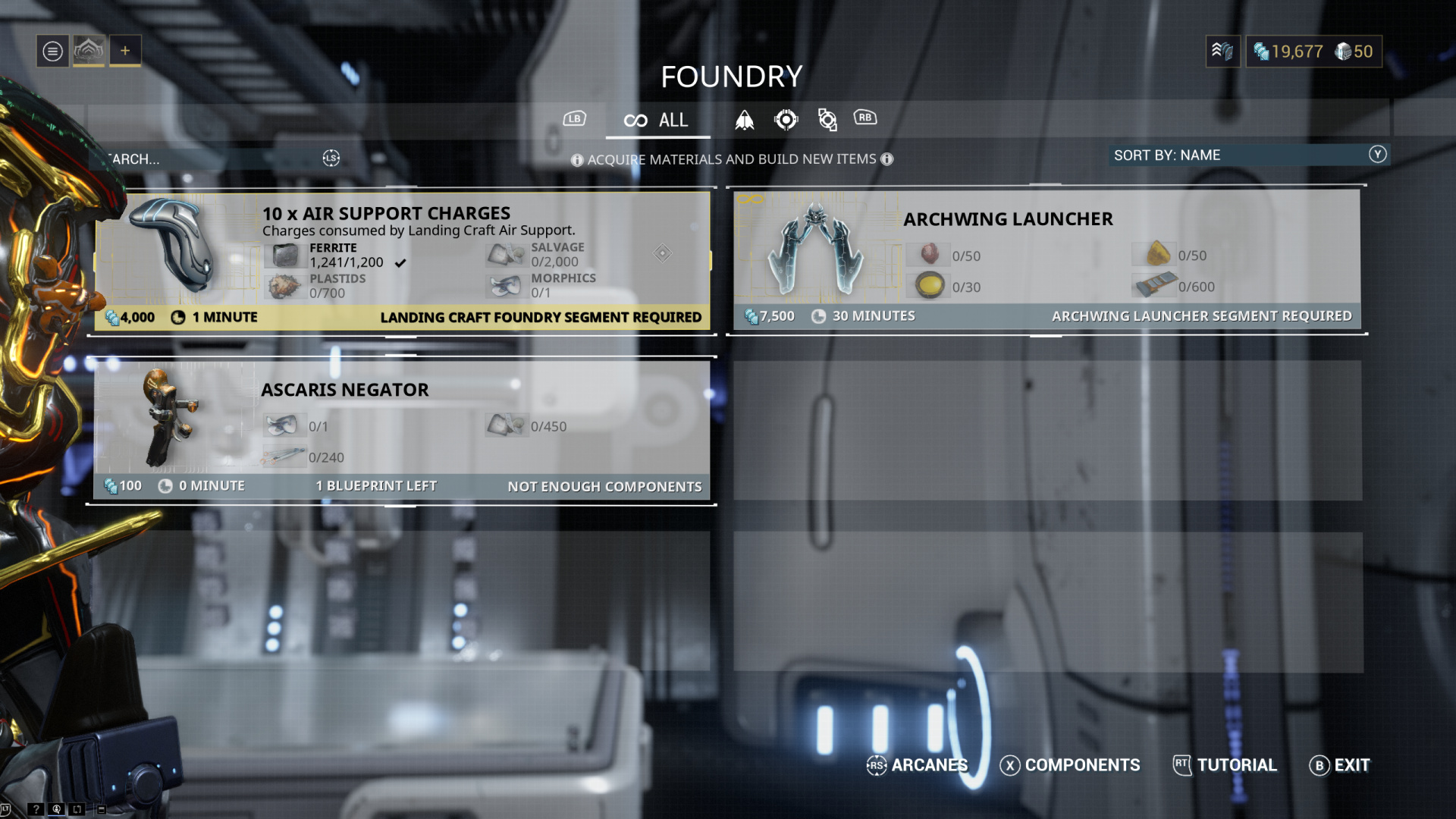 Warframe Foundry — build queue showing Air Support Charges (1 minute), Archwing Launcher (30 minutes, Archwing Launcher Segment Required), Ascaris Negator (1 blueprint left, Not Enough Components), with material costs and timers visible