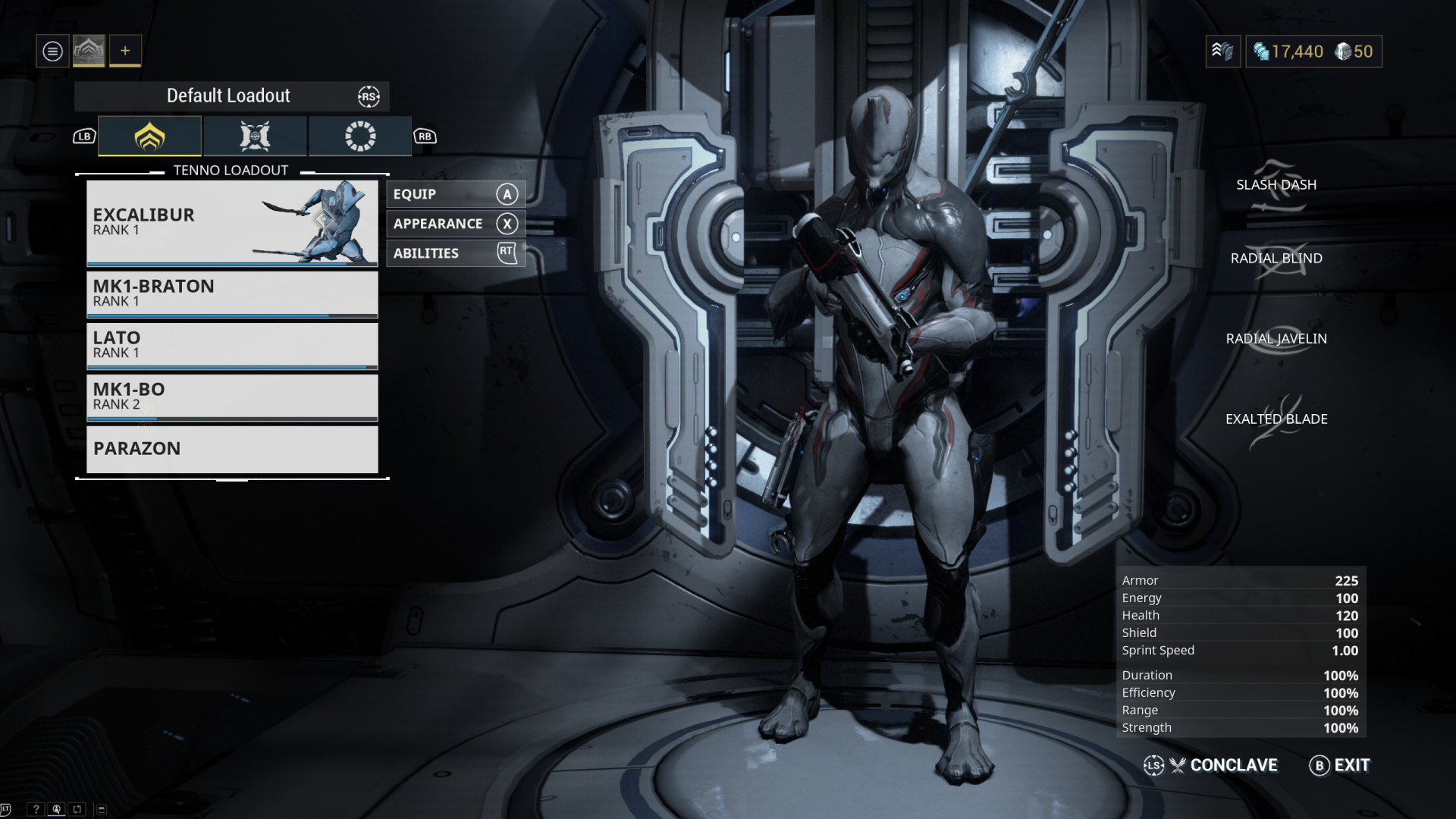 Warframe loadout overview screen — frame, primary, secondary, melee, companion