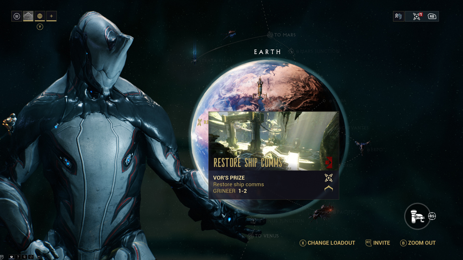 Warframe planet selection — Earth highlighted with a Vor's Prize "Restore Ship Comms" Grineer 1-2 mission card, the player's Tenno avatar holding the planet at left