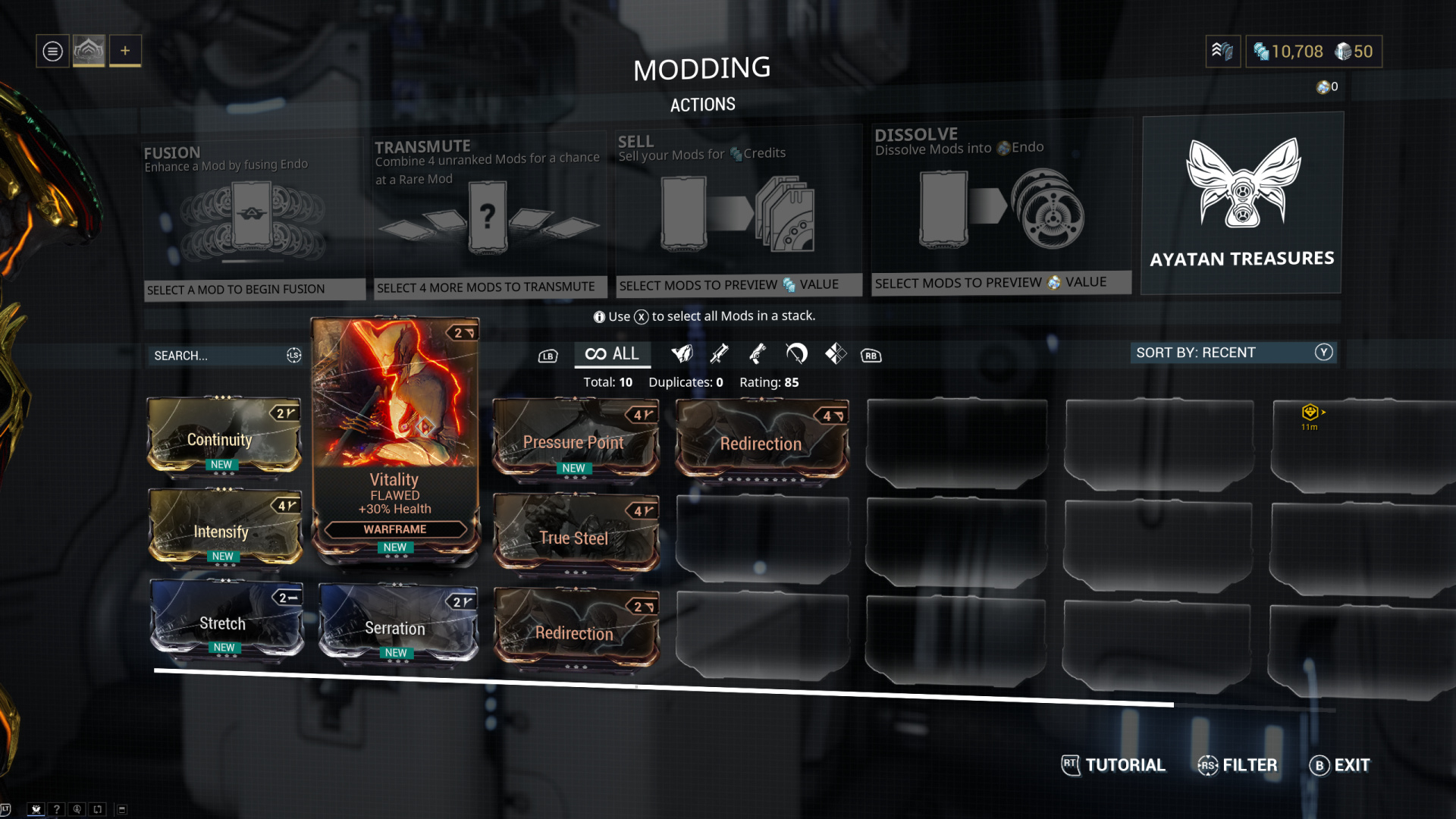 Mod upgrade browser showing capacity, polarities, and slotted mods