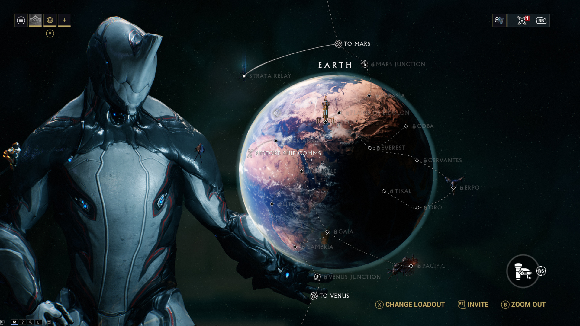 Warframe Star Chart — solar system overview with planet nodes