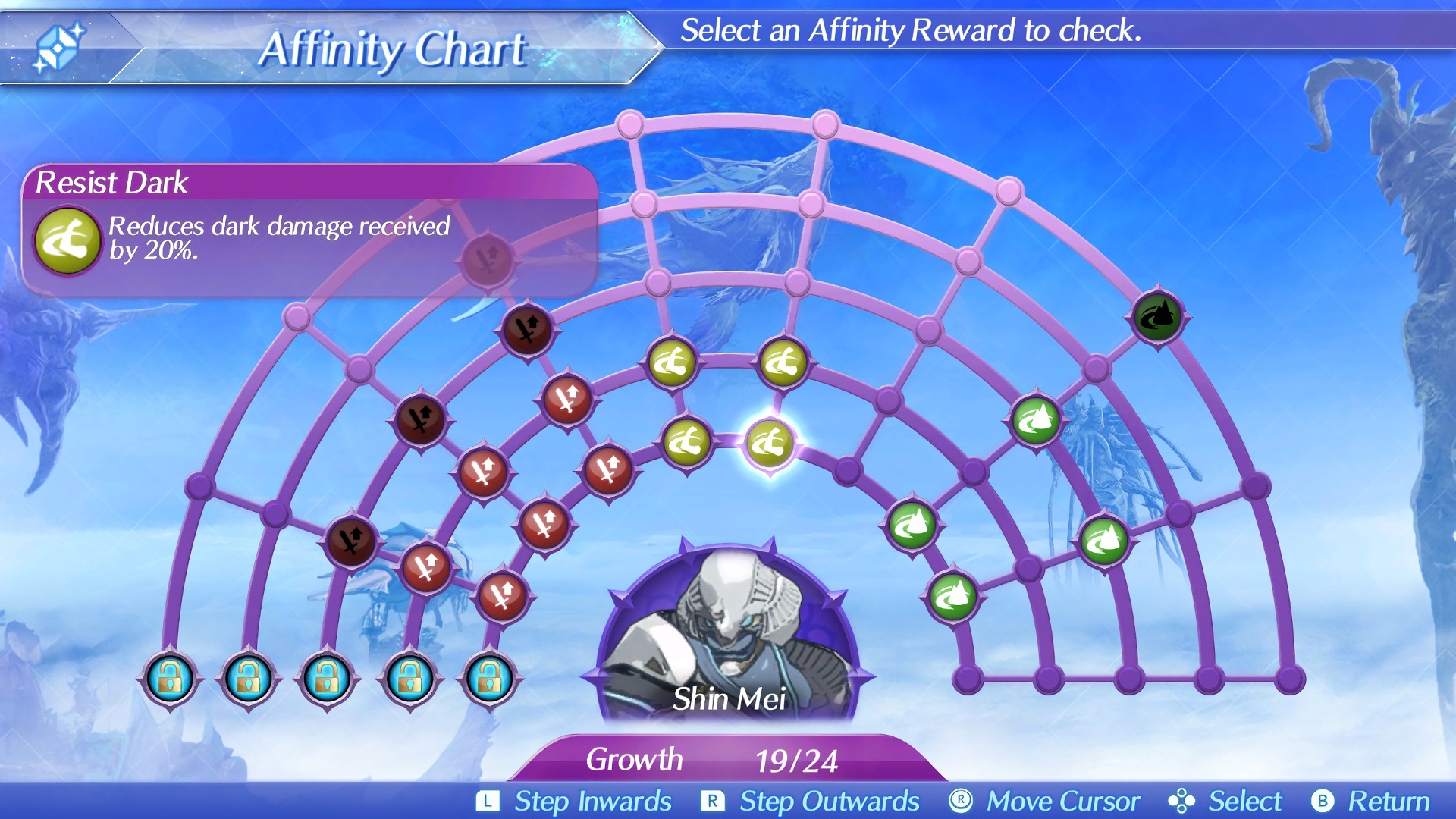 XC2 Shin Mei's Affinity Chart — bowed-arc graph with locked nodes at the bottom, "Resist Dark" tooltip on the left, the Blade portrait at the centre