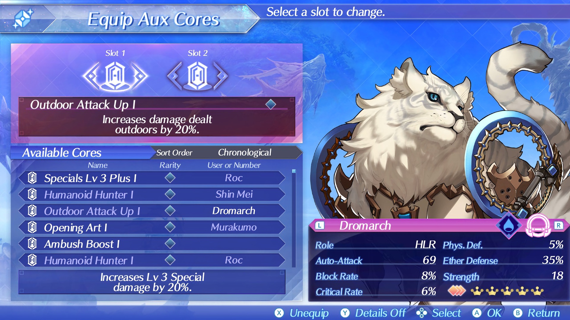 XC2 Equip Aux Cores screen — Dromarch (Nia's Blade) on the right, two Aux Core slots, list of available cores (Specials Lv 3 Plus, Humanoid Hunter, Outdoor Attack Up, Opening Art, Ambush Boost), tooltip showing "Outdoor Attack Up I: Increases damage dealt outdoors by 20%"