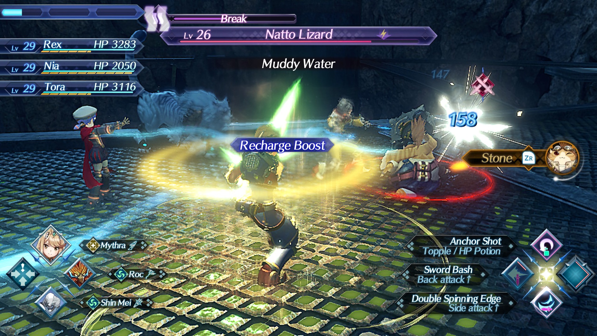 XC2 combat HUD — Rex / Nia / Tora party panels, Lv 26 Natto Lizard with "Break" status, "Recharge Boost" callout, Mythra / Roc / Shin Mei Blade row, arts palette and the orb stack on the right