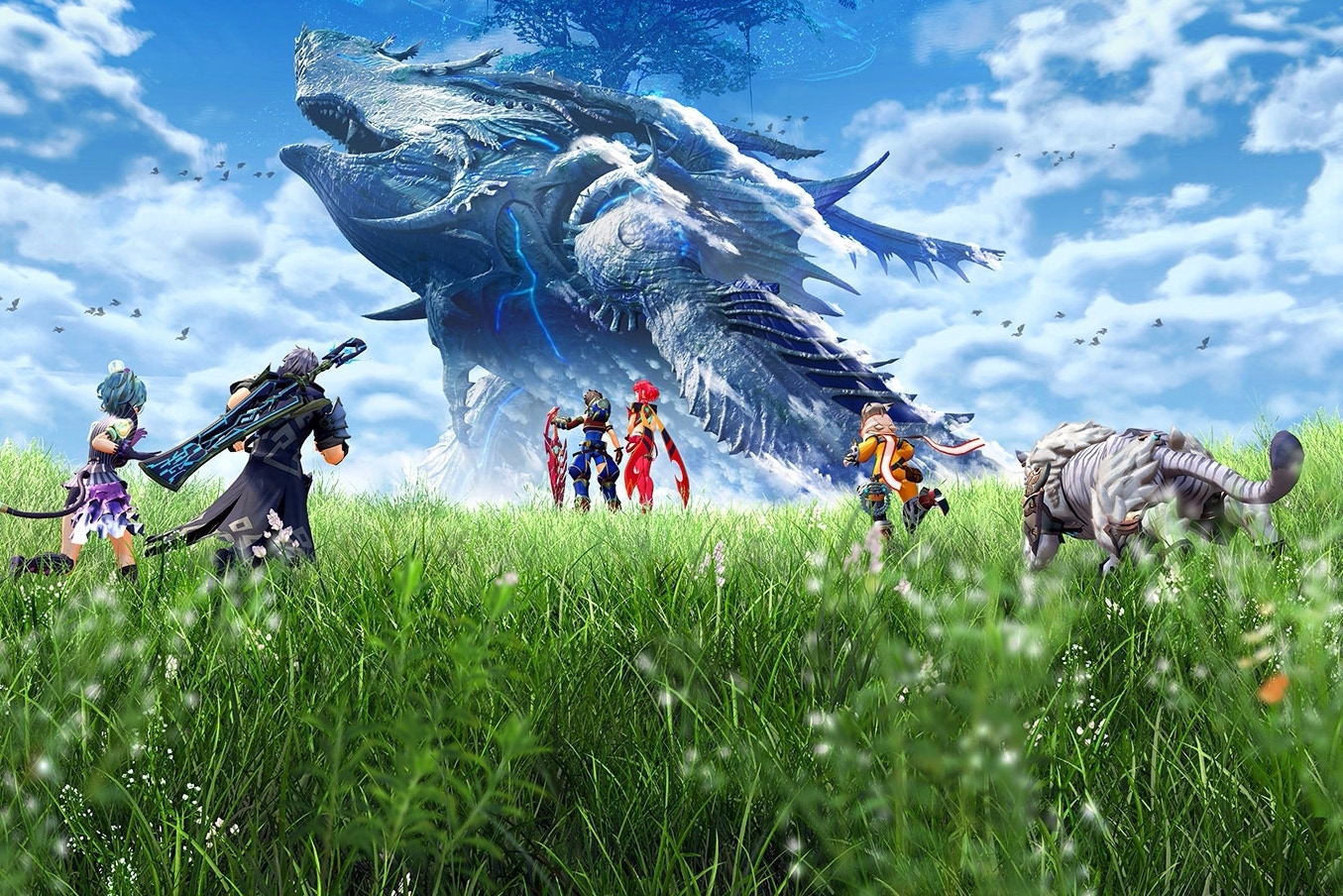 XC2 promo art — the party with Pyra and a giant titan