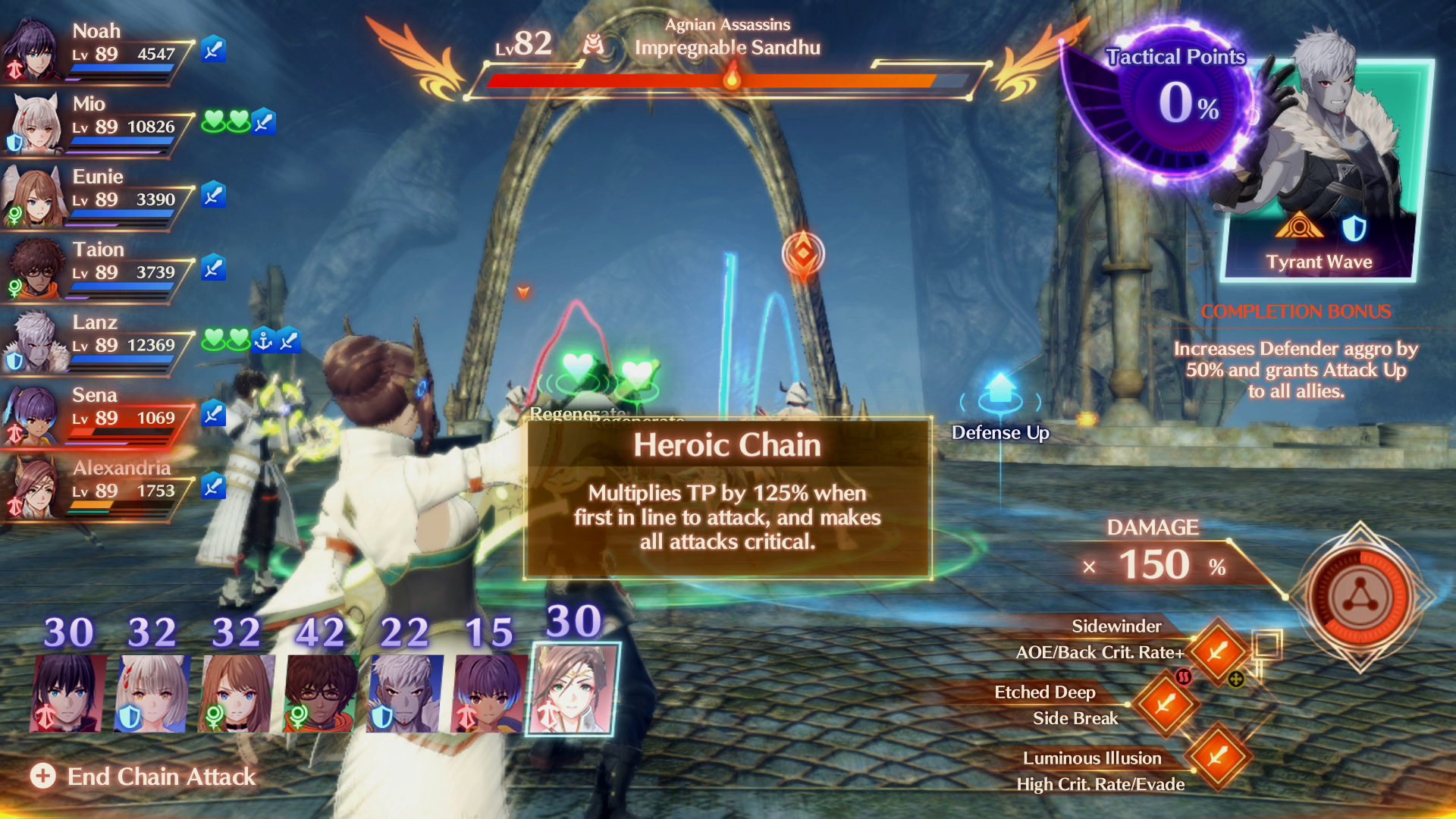 XC3 chain attack screen — party panels left, Tactical Points gauge right, Heroic Chain card with bonus description, "Side Break" / "Off Heart" / "Etched Deep" tactic cards
