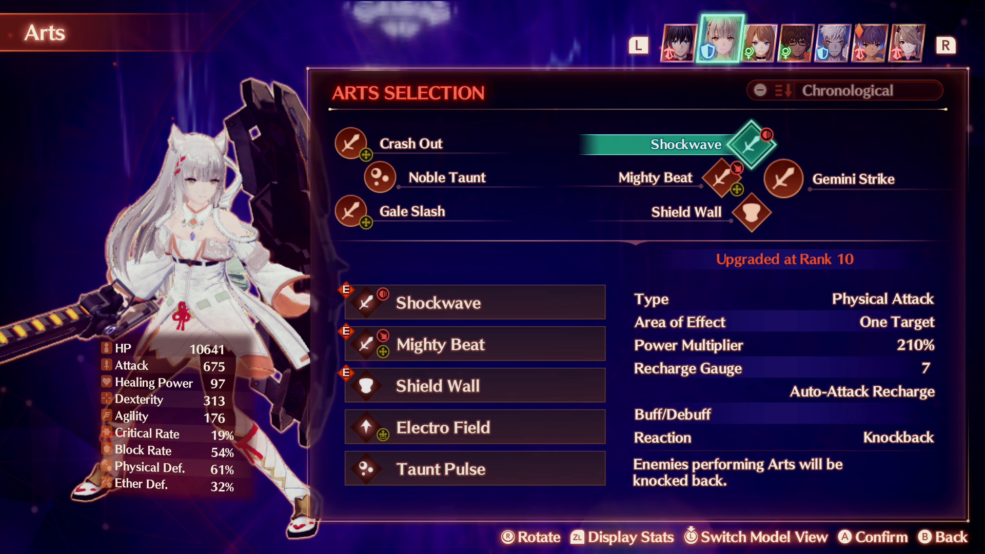 XC3 character menu showing Noah's full loadout — Class (Swordfighter Rank 16), Arts row, Skills, Gems, Accessories