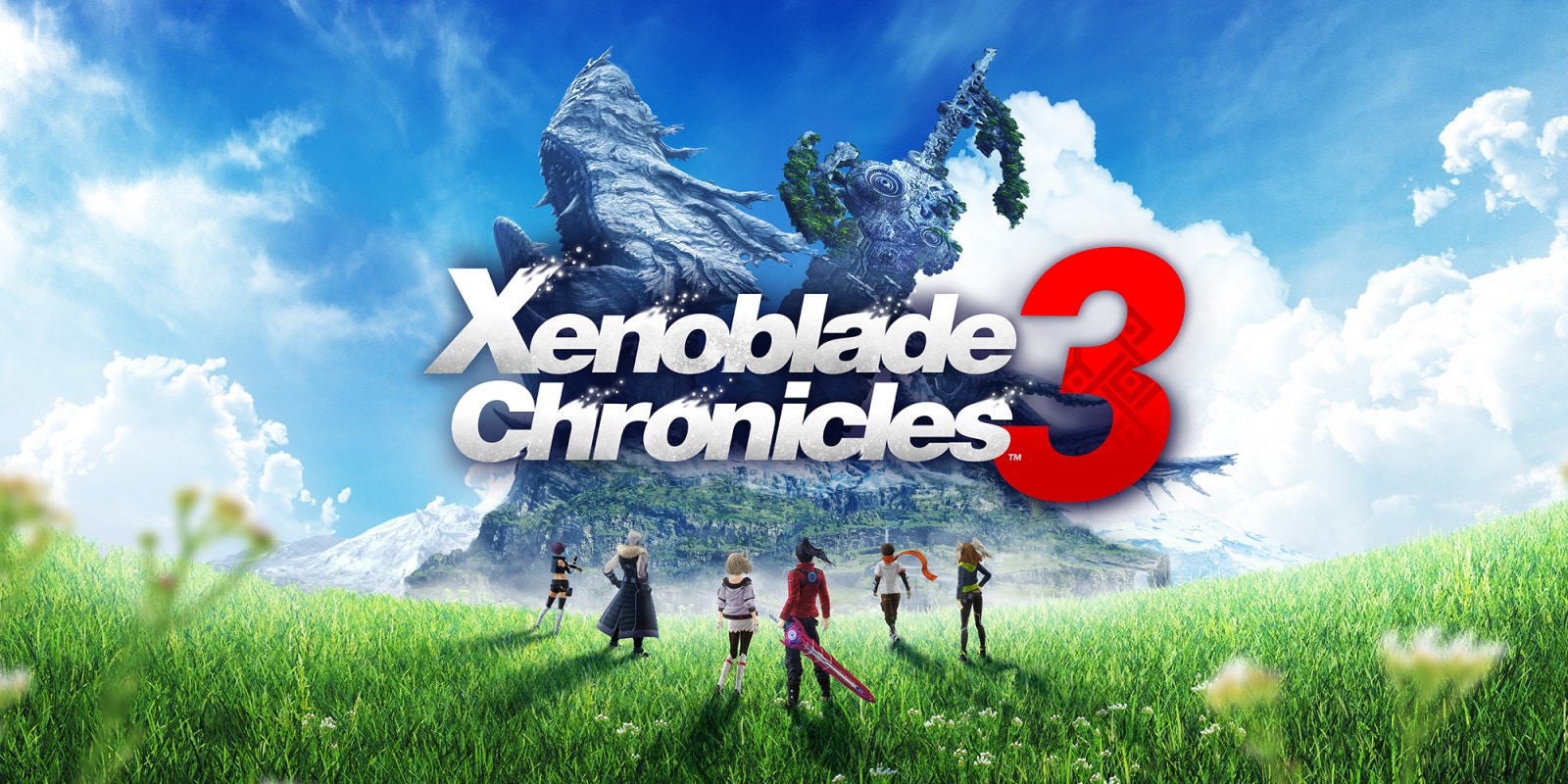 Xenoblade Chronicles 3 — title art with the cast facing the world