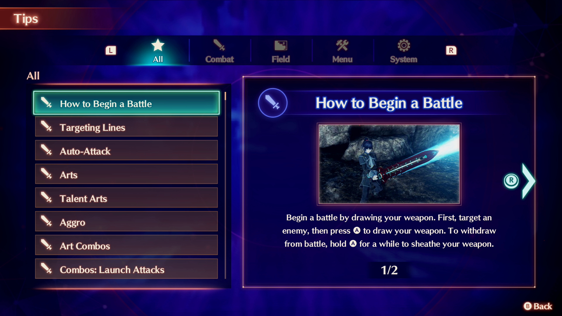 XC3 Tips menu — All / Combat / Field / Menu / System tabs, with topics like "How to Begin a Battle", "Auto-Attack", "Arts", "Talent Arts", "Aggro", "Art Combos"