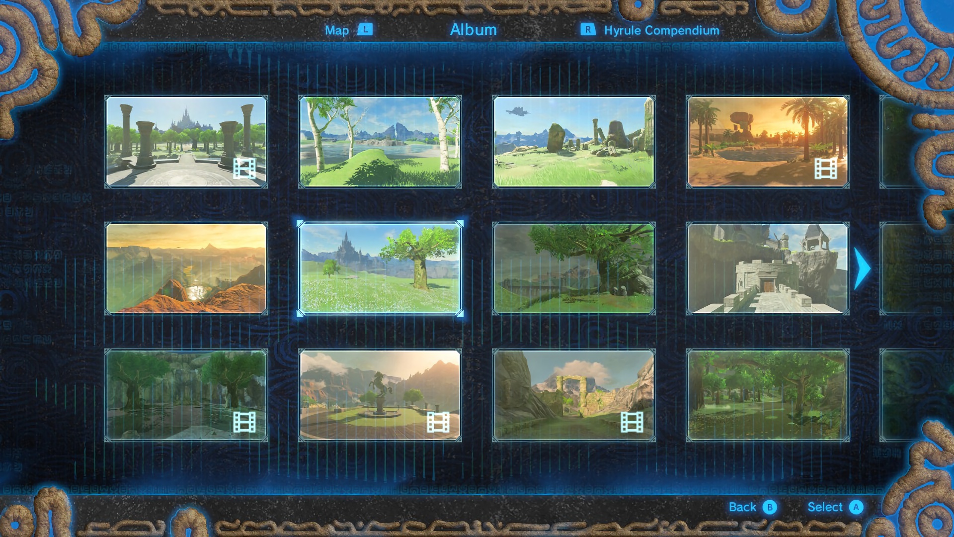 Hyrule Compendium → Creatures category. A grid of 24 silhouette tiles, mostly unfilled (Sheikah-eye watermark visible behind black background); Mountain Goat #012 has a player-photo. Bottom: "Target with sensor / Back / Select"