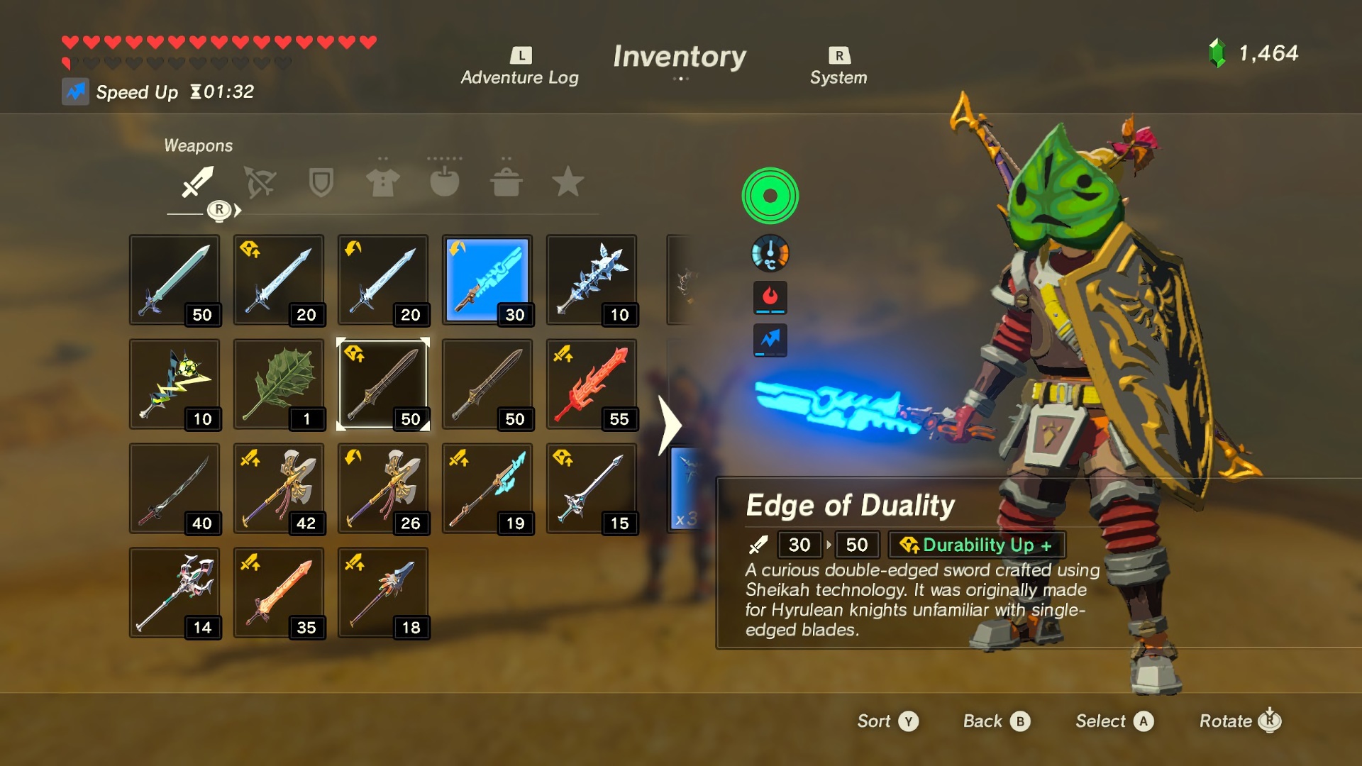 Inventory → Weapons tab. 18 weapons listed in a grid; each shows a durability number (5/30, 20/50, 30/50, 10/10, 1/1, 50/50, 50/50, 55/55, 40/40, 42/42, 26/26, 19/19, 15/15, 14/14, 35/35, 18/18). "Edge of Duality" selected: 30/50 durability with green Durability Up modifier. Description: "A curious double-edged sword crafted using Sheikah technology"