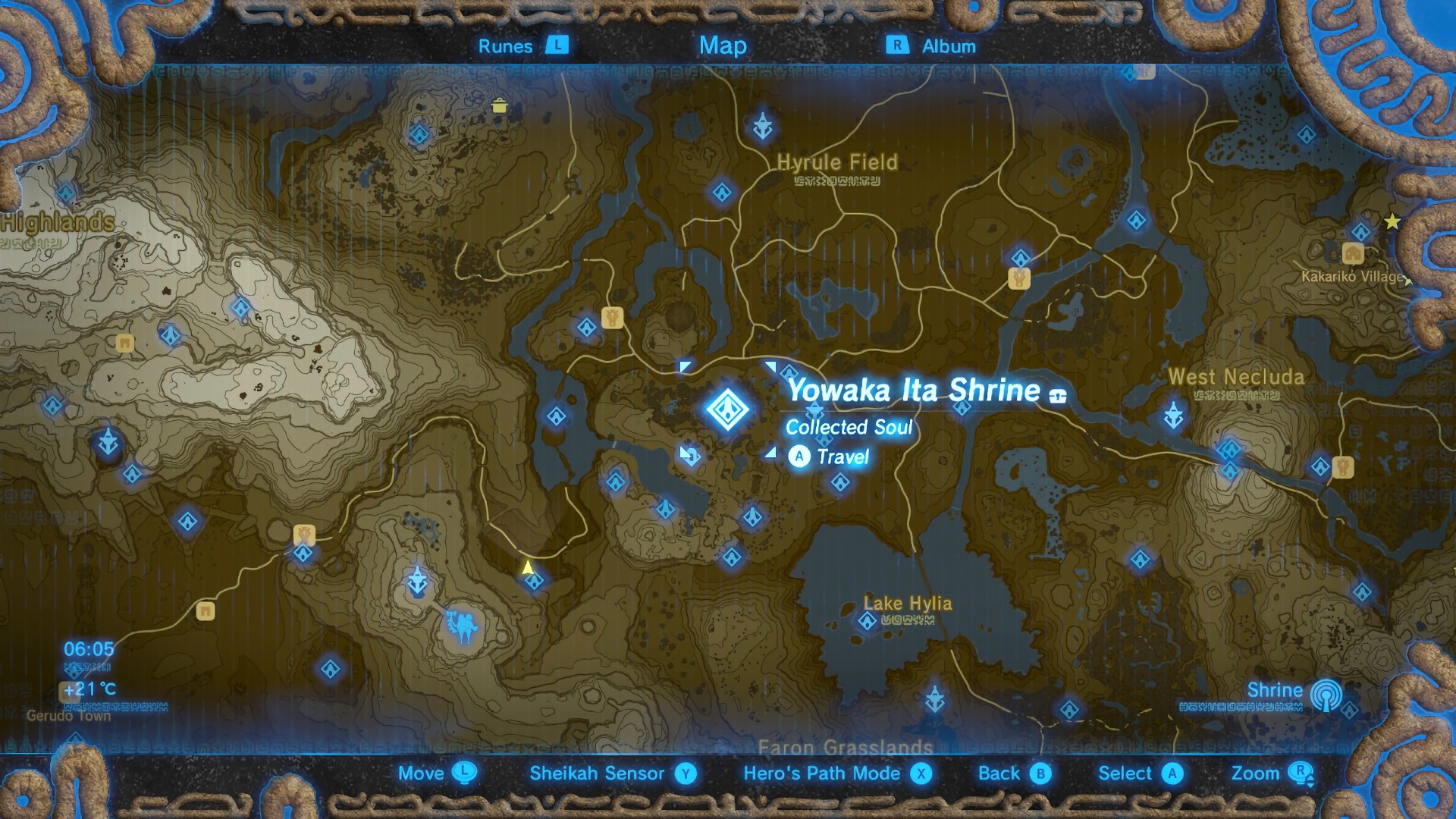 The Hyrule map opened on Faron Grasslands. Shrines visible as blue diamonds (some glowing, some unentered). "Yowaka Ita Shrine" selected — "Collected Soul" tag, "A Travel" prompt. Surrounding map shows Hyrule Field, Lake Hylia, Kakariko Village, West Necluda. Bottom controls: Move / Sheikah Sensor / Hero's Path Mode / Back / Select / Zoom