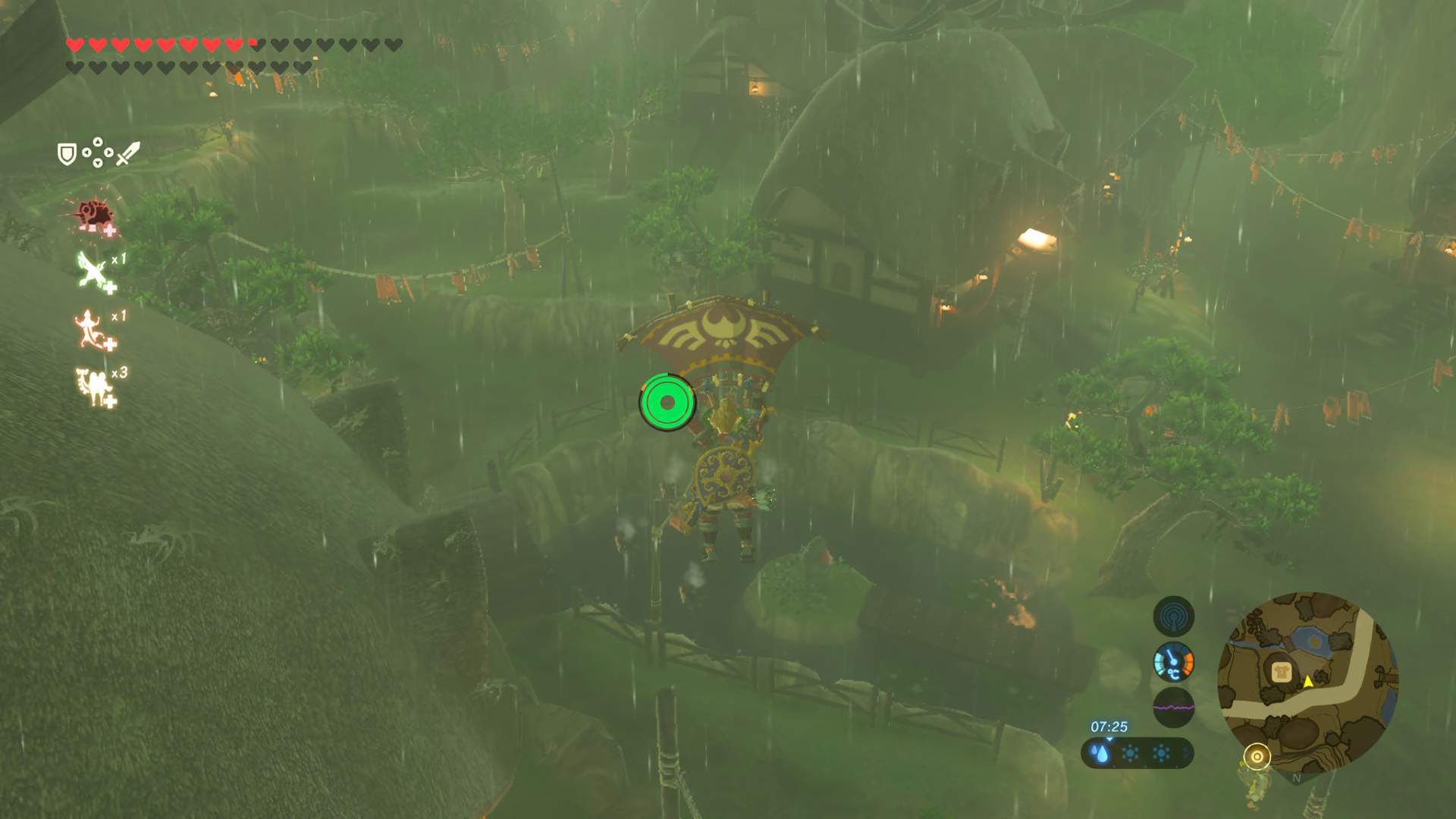 Link paragliding into rainy Kakariko Village — paraglider stamina circle visible mid-screen, hearts top-left, weather indicators bottom-right
