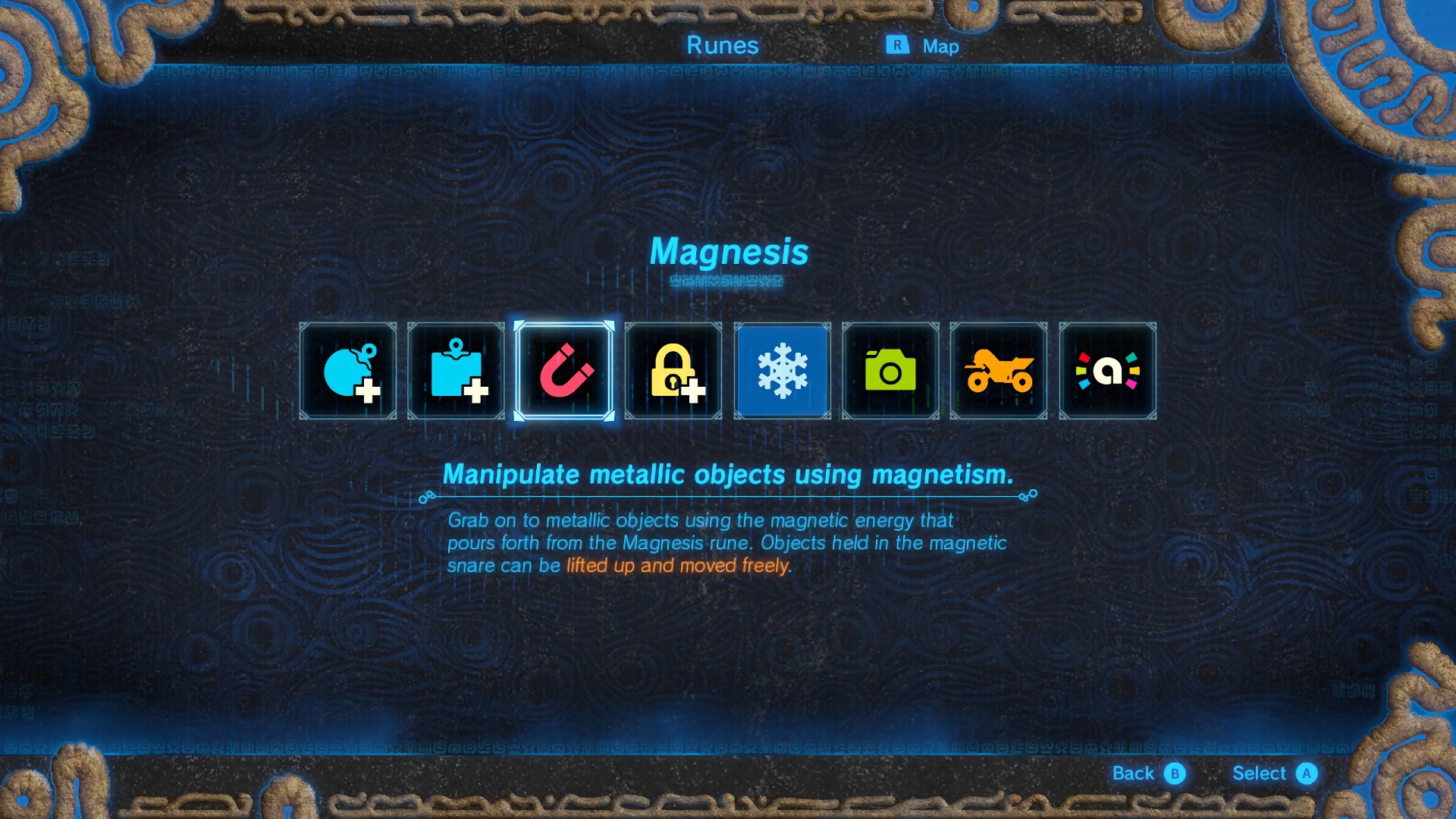The Runes menu — 8 runes laid out in one row at the bottom: Remote Bomb (round) / Remote Bomb (cube) / Magnesis (selected, "Manipulate metallic objects using magnetism. Grab on to metallic objects using the magnetic energy that pours forth from the Magnesis rune. Objects held in the magnetic snare can be lifted up and moved freely.") / Stasis / Cryonis / Camera / Master Cycle Zero (DLC) / amiibo