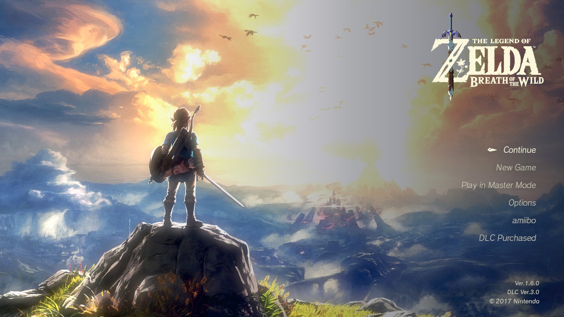 Breath of the Wild title screen — Link looking out at Hyrule