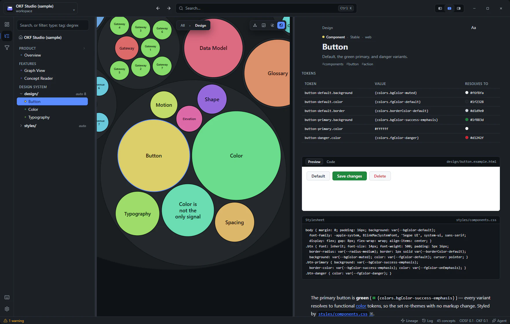 OKF Studio rendering an ODSF design-system bundle with a live component preview