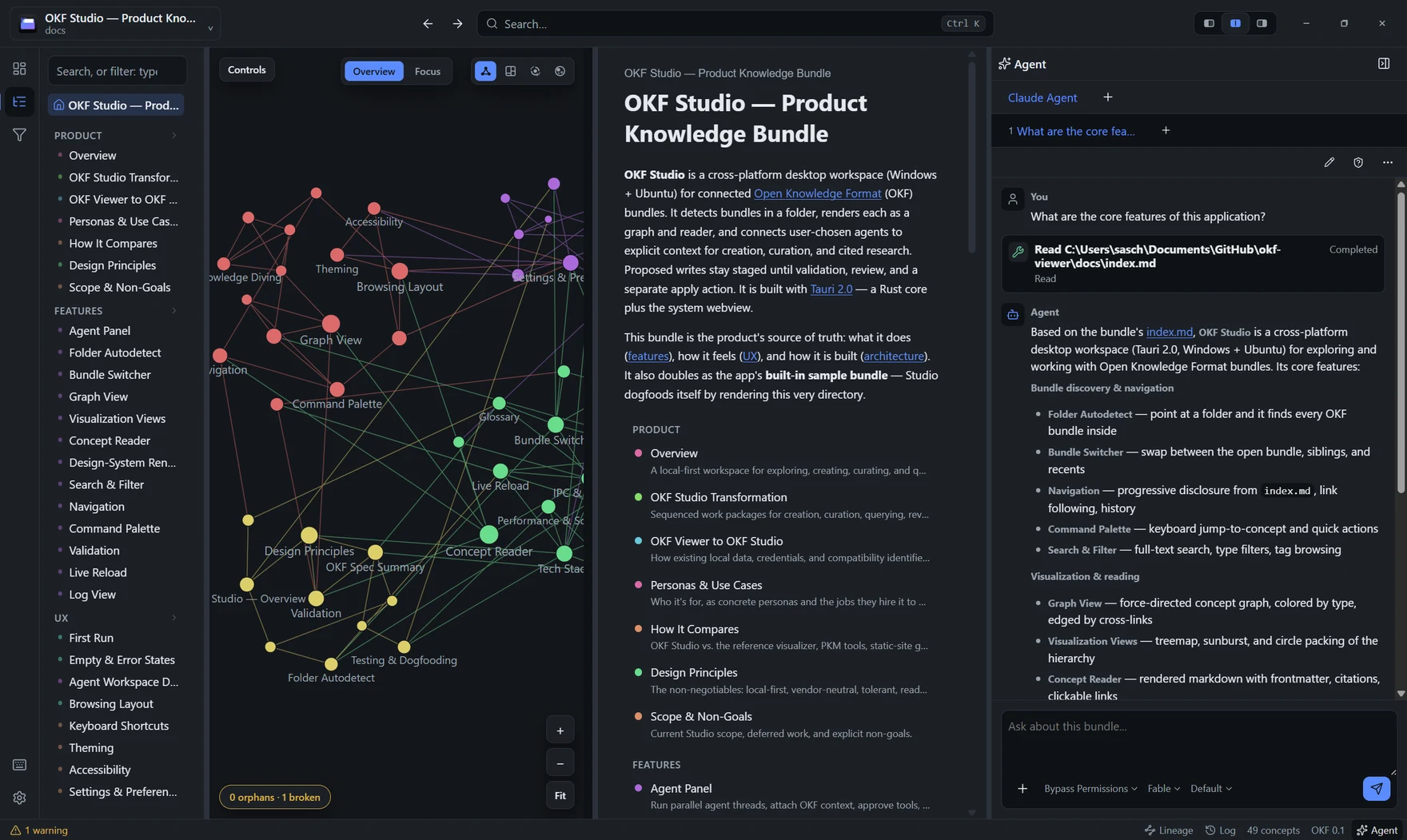 OKF Studio with an agent thread answering a question about the open bundle, beside the concept graph and reader