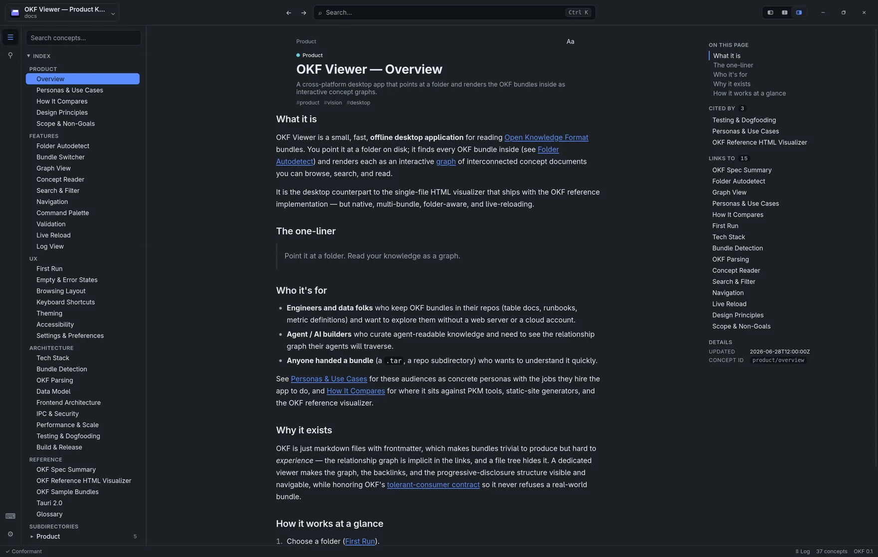 OKF Viewer's concept reader with the index and relationship panel