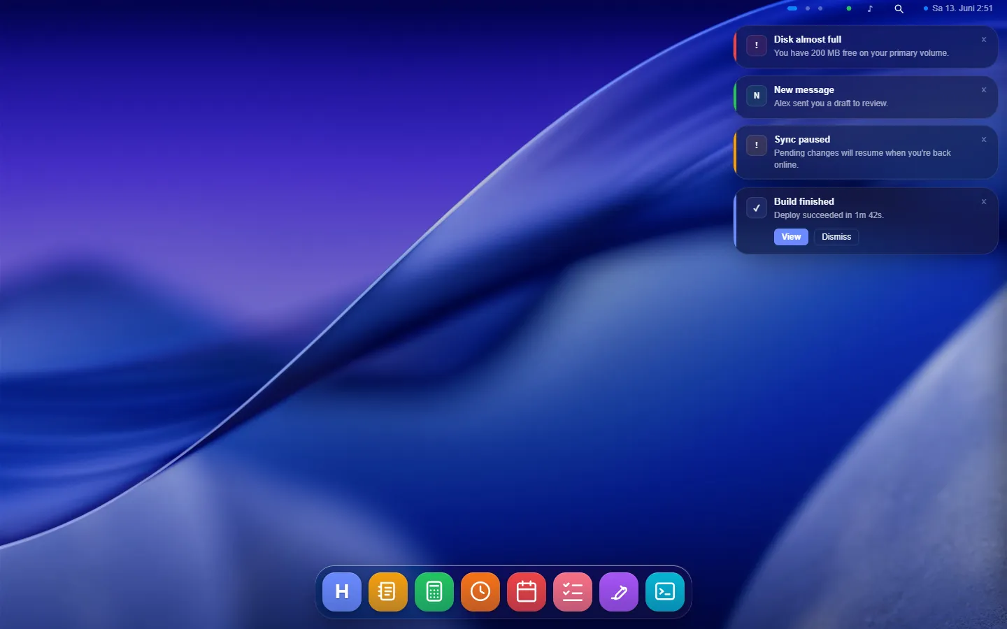 A notification toast stack in the top-right corner of the desktop