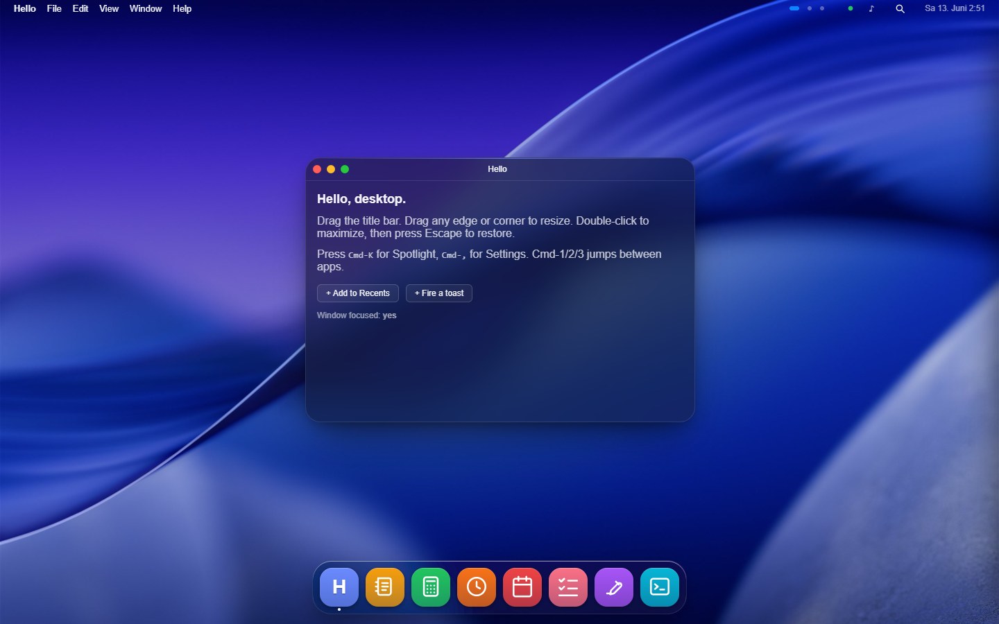 The macOS theme: a window with red, yellow, and green traffic-light controls and a floating dock over the macOS Tahoe wallpaper