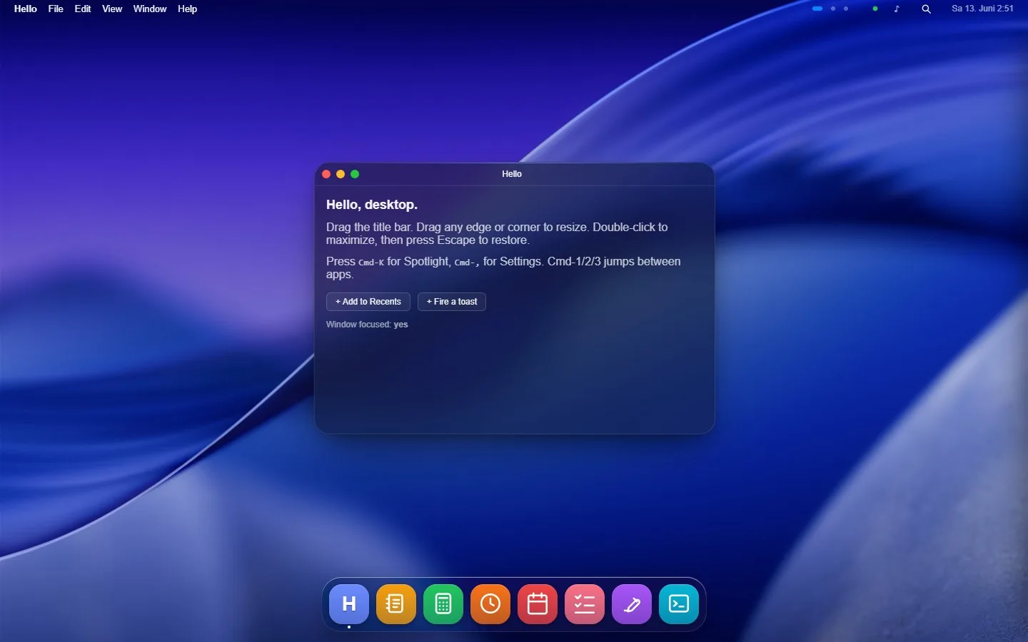 The macOS theme: a window with traffic-light controls and a floating dock over the Tahoe wallpaper