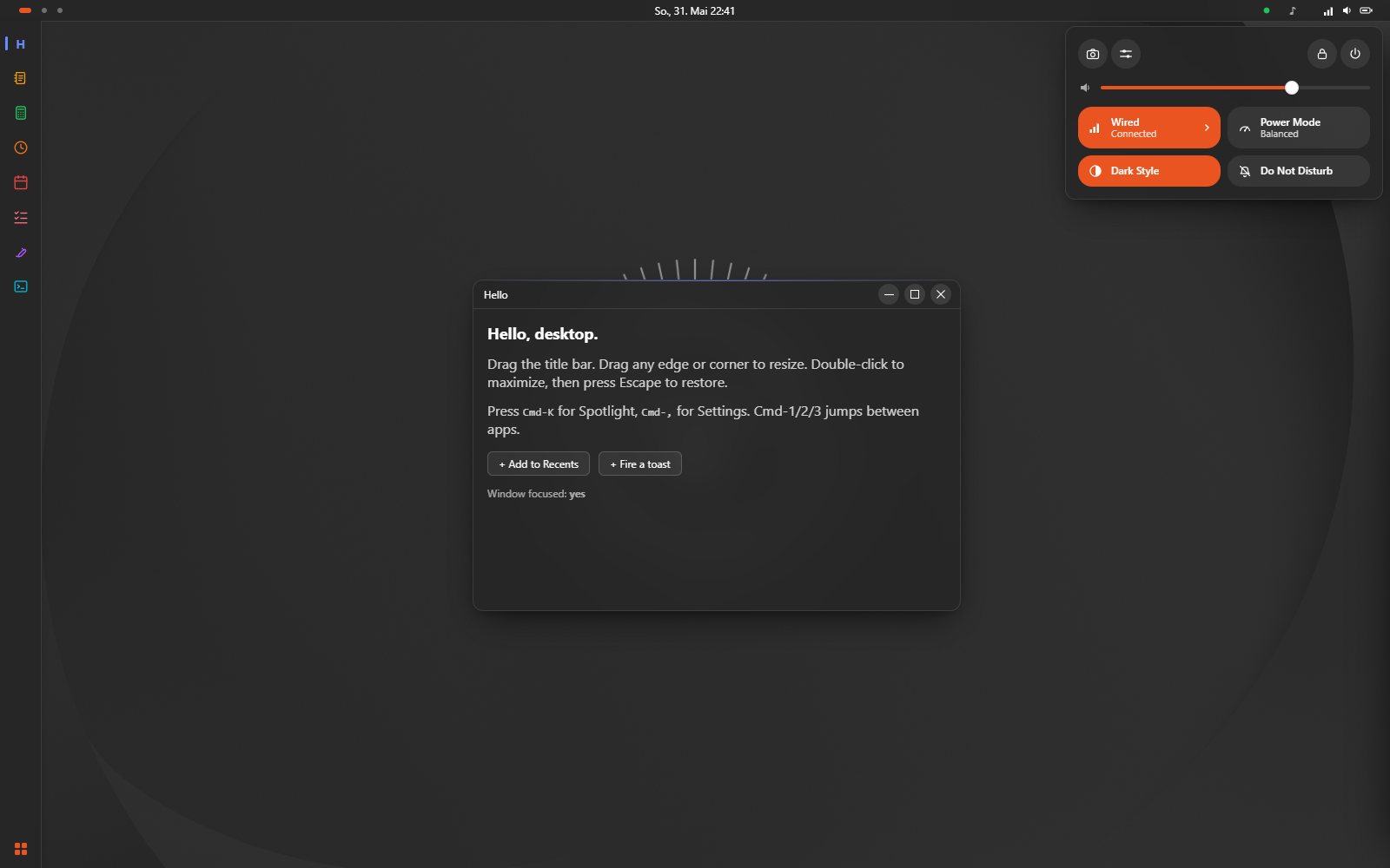 The Ubuntu theme: a dark GNOME-style desktop with a top bar, a centered clock, a left dock flush to the edge, a window with round symbolic controls, and the Quick Settings popover showing a volume slider and Wired, Power Mode, Dark Style, and Do Not Disturb tiles