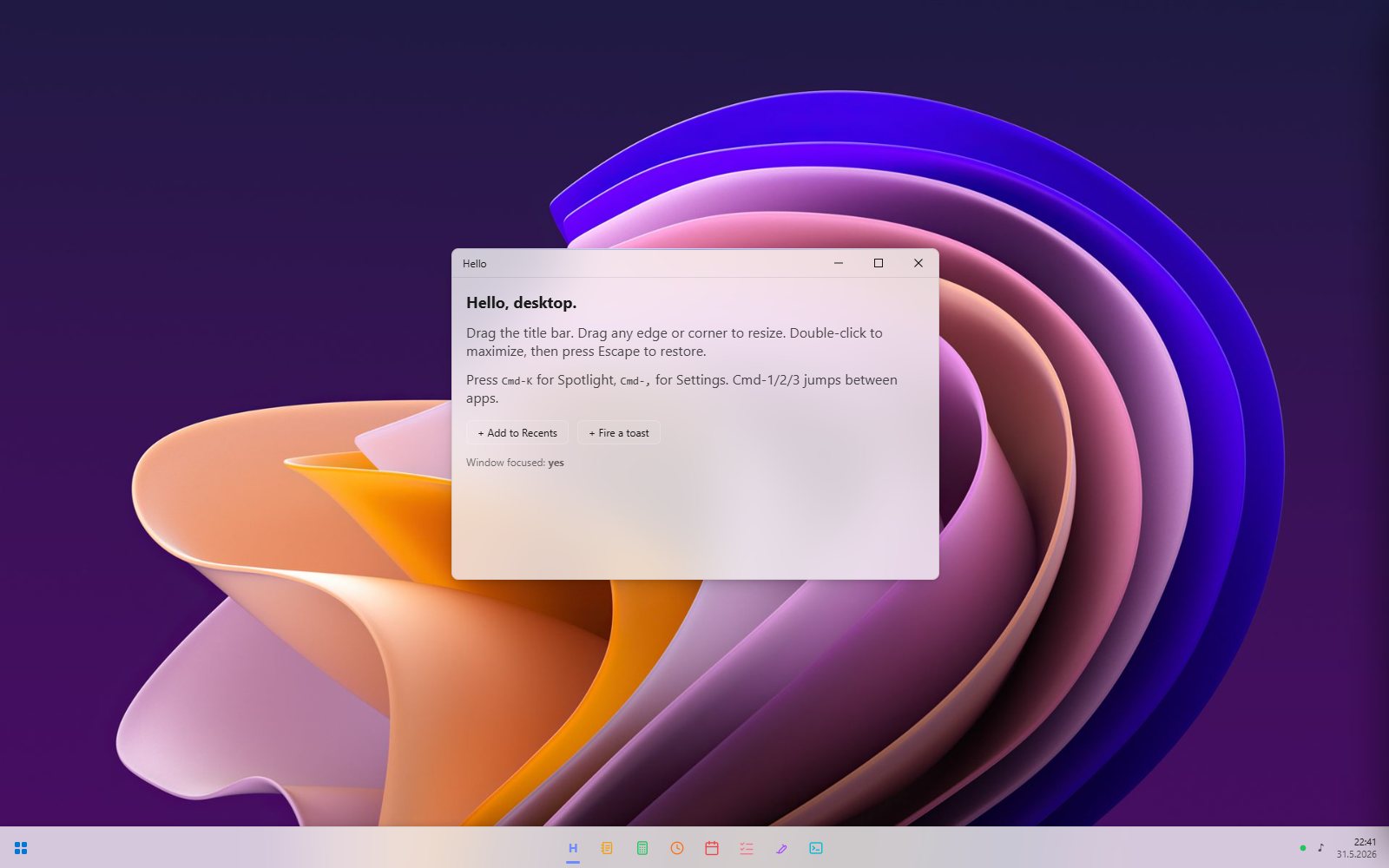 The Windows theme: a light Windows-style desktop with caption-button windows and a bottom taskbar showing a Start launcher, centered app icons, and a clock, over a dark Windows 11 wallpaper