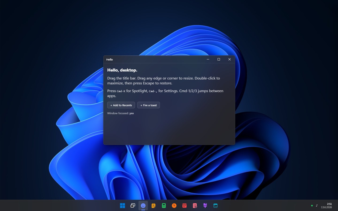 The Windows theme: a dark Windows-style desktop with a caption-button window and a bottom taskbar showing a Start launcher, centered app icons, and a clock, over a dark Windows 11 wallpaper