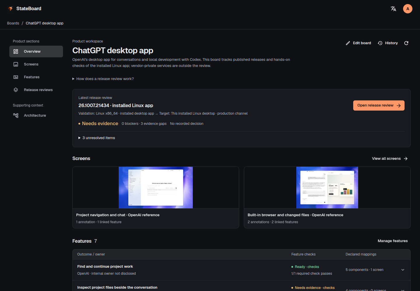 Product overview with release readiness, screen previews, and features