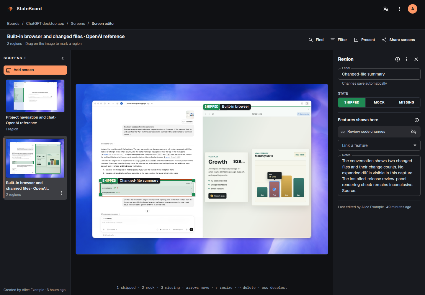 Screen editor with image navigation, annotation tools, and linked product features