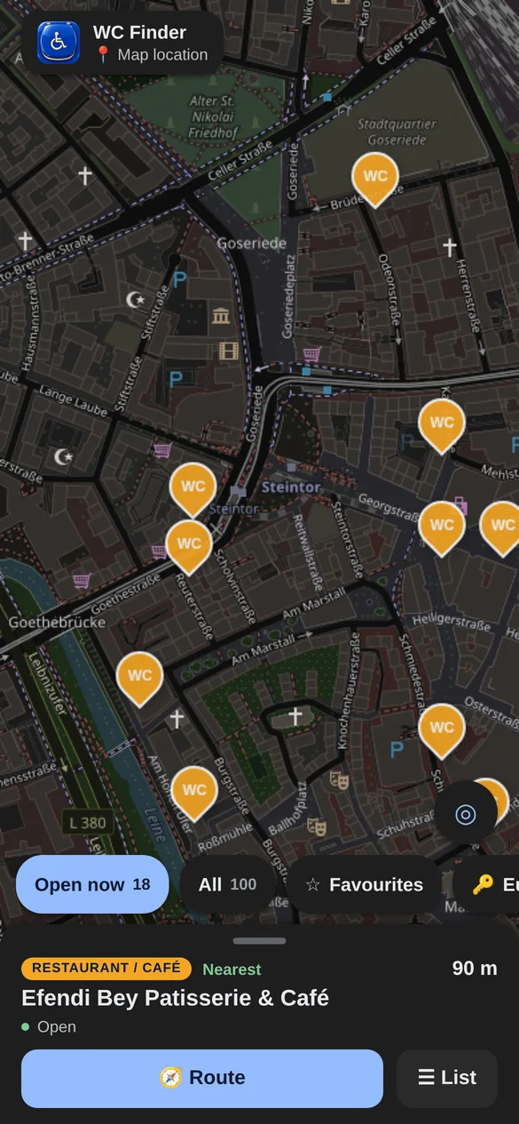 Dunkelmodus der App mit dunkler Karte