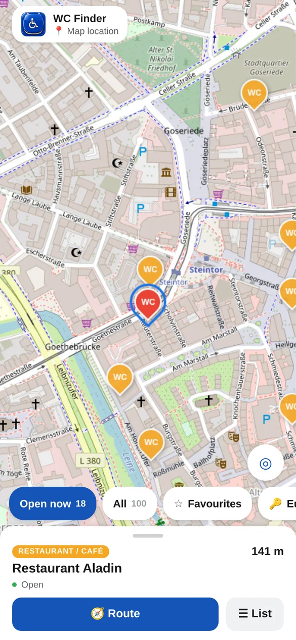 Ausgewählte Toilette auf der Karte mit Route-Button